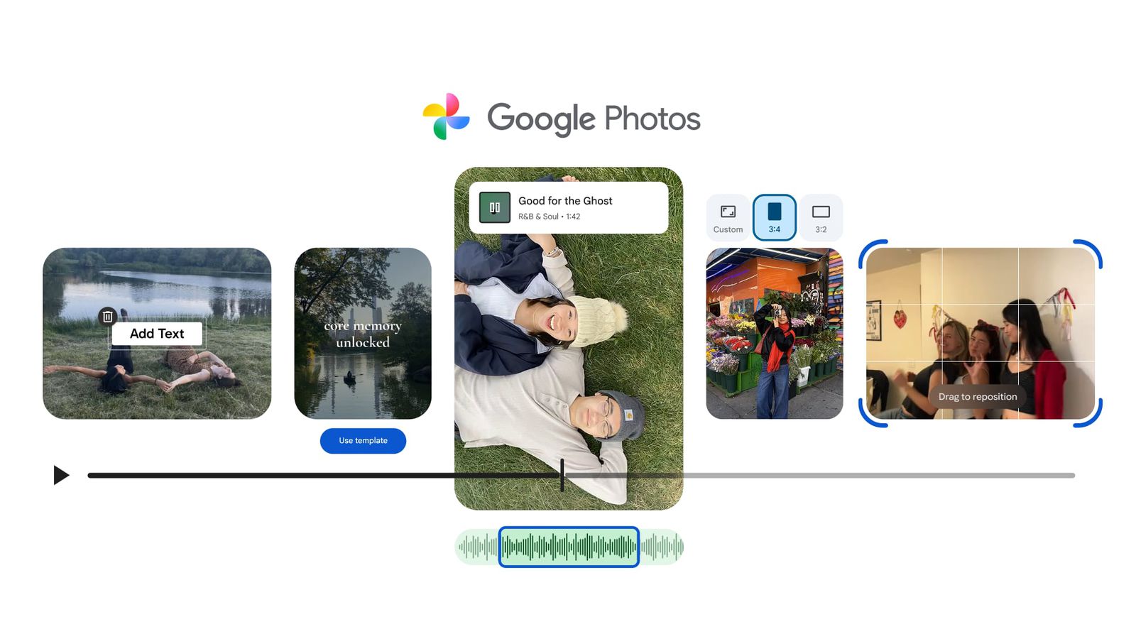 من موقع فون إسلام: تعرض واجهة صور Google Photos أدوات التحرير المطبقة على صور مختلفة، بما في ذلك إضافة نص، وقوالب التراكب، وتغيير حجم الصور، وتغيير موضعها على مخطط زمني.