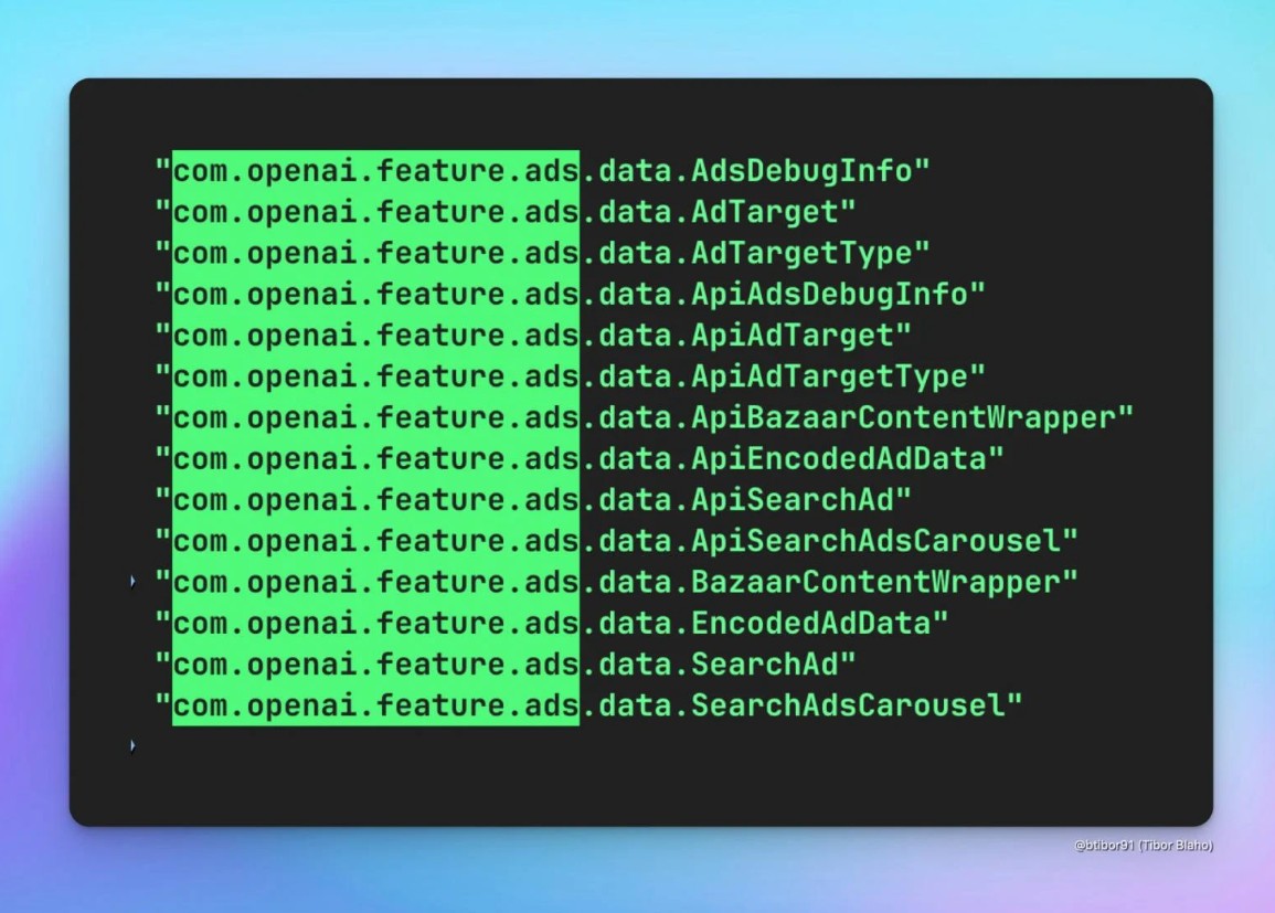 من موقع فون إسلام: تعرض شاشة الحاسوب مقتطفاً من التعليمات البرمجية يسرد سلاسل متعددة تتعلق بميزات OpenAI وخصائص ChatGPT في محرر نصوص.