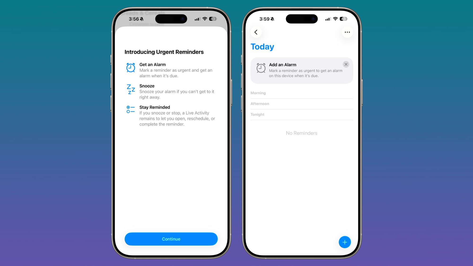 من موقع فون إسلام: يعرض هاتفان ذكيان تطبيق التذكيرات؛ حيث يسلط الضوء على اليسار على التذكيرات العاجلة، بينما يعرض اليمين إضافة منبه يعرض ميزات نظام التشغيل iOS 26.2 الجديدة.