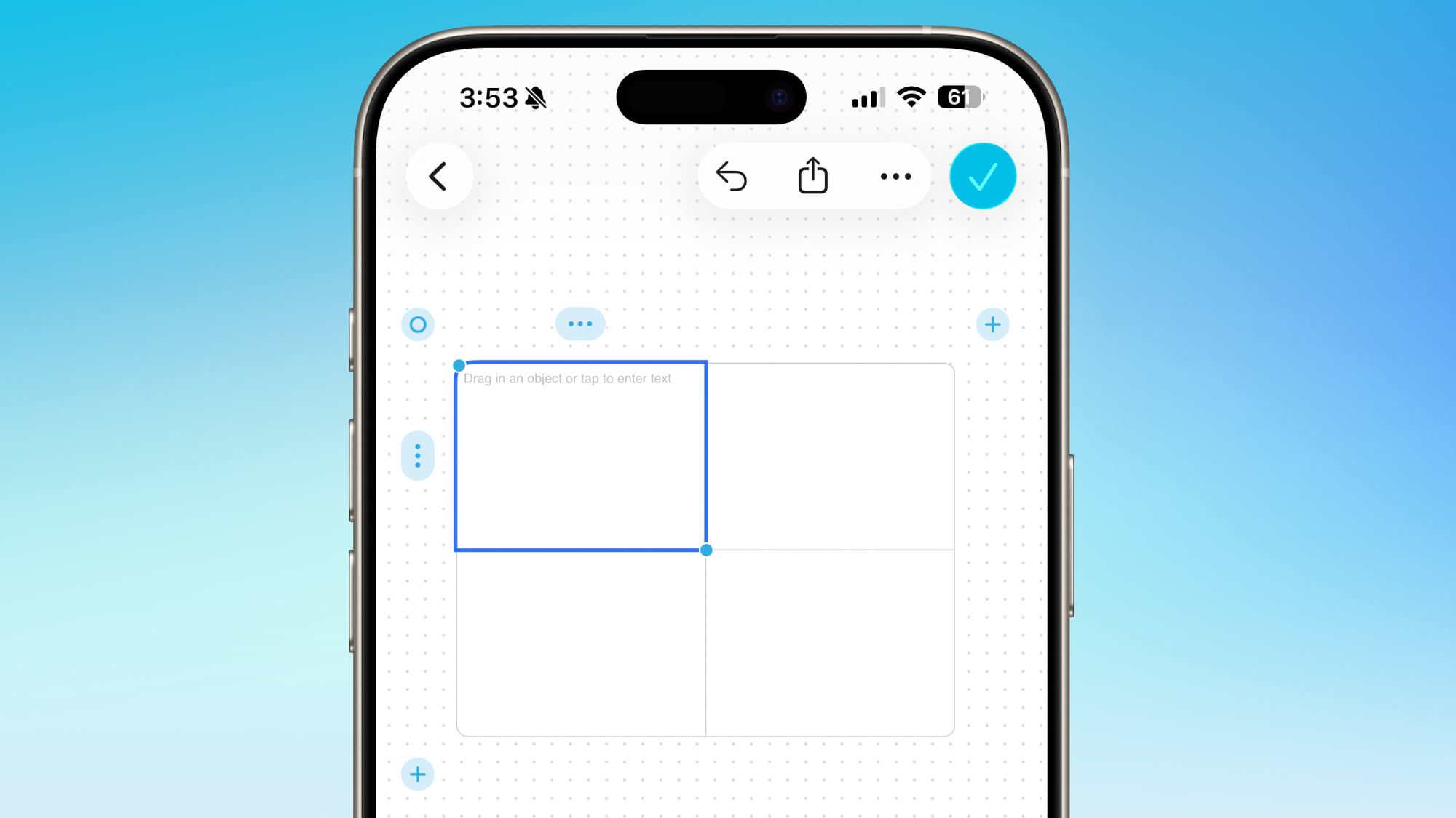 من موقع فون إسلام: تعرض شاشة الهاتف الذكي واجهة محرر شبكي مع خلية واحدة مظللة باللون الأزرق ونص يطالب بسحب كائن أو النقر لإدخال نص، ويعرض بعض ميزات نظام التشغيل iOS 26.2 الجديدة أثناء العمل.