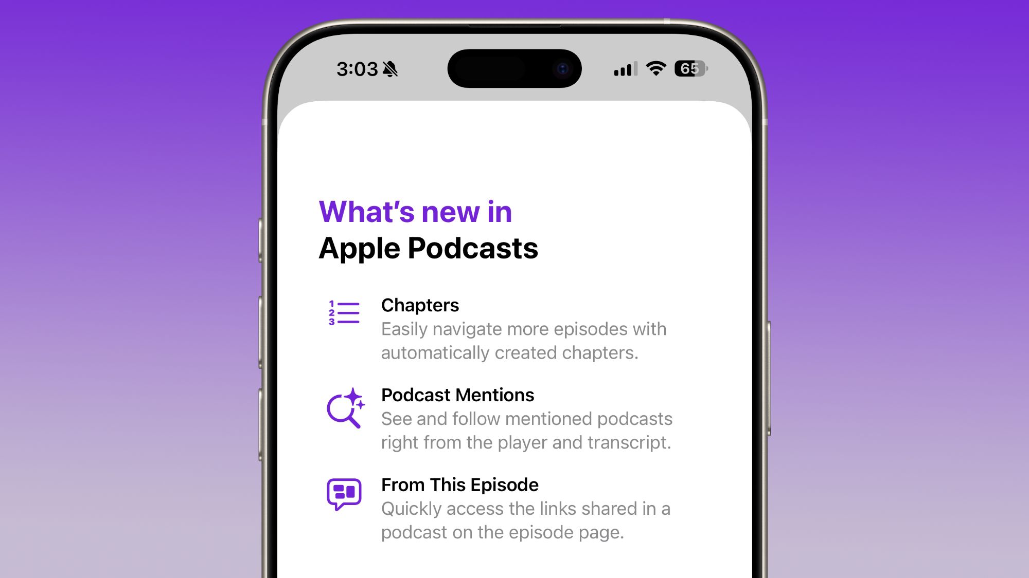 من موقع فون إسلام: تعرض شاشة الهاتف الذكي ميزات نظام التشغيل iOS 26.2 الجديدة في بودكاست Apple Podcasts - الفصول، وإشارات البودكاست، ومن هذه الحلقة - على خلفية متدرجة أرجوانية.