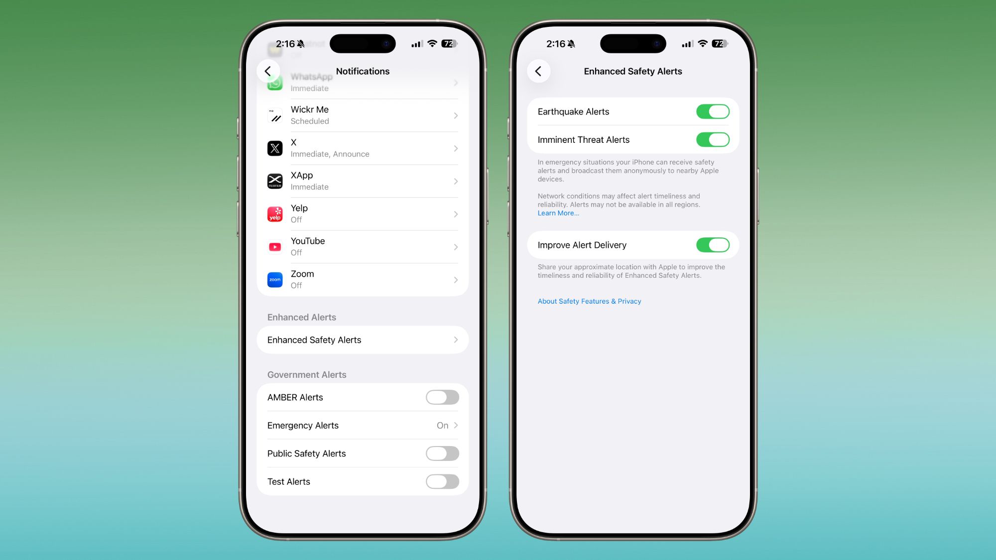 من موقع فون إسلام: يعرض الهاتفان الذكيان شاشتي إعدادات لإدارة الإشعارات وتنبيهات السلامة المحسّنة، مع خيارات لتنبيهات الطوارئ والتهديدات الوشيكة - مع تسليط الضوء على بعض ميزات نظام التشغيل iOS 26.2 الجديدة.