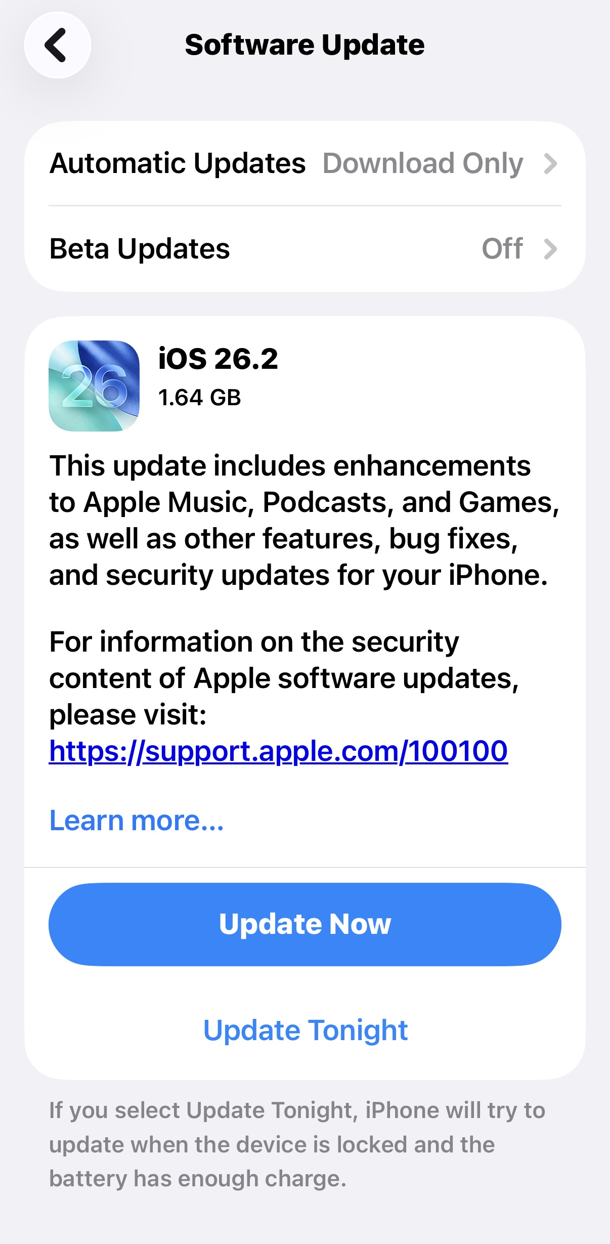 من موقع فون إسلام: لقطة شاشة لشاشة تحديث برنامج آيفون تظهر نظام التشغيل iOS 26.2، 1.64 جيجابايت، مع تسليط الضوء على خيارات التحديث الآن أو الليلة، وملخص ميزات نظام التشغيل iOS 26.2 الجديد، ورابط الدعم.