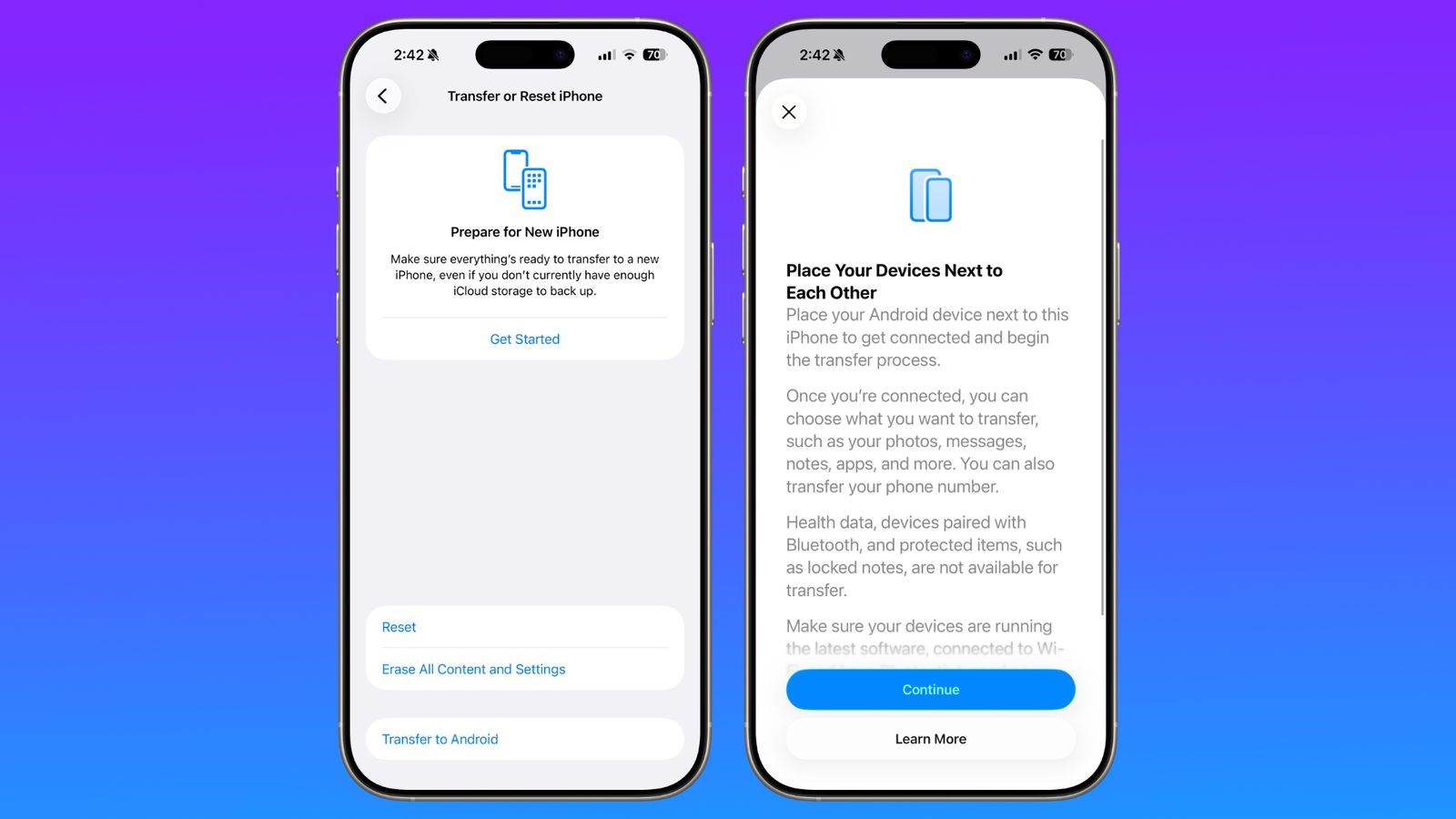 Mula sa PhoneIslam: Dalawang smartphone ang nagpapakita ng mga tagubilin para sa paglilipat ng data, na may mga hakbang para ihanda ang iyong lumang telepono at ilagay ang mga device nang magkatabi para maglipat ng data sa isang iPhone, mga mainam na alituntunin na lumalabas sa buod ng mga balita sa teknolohiya.