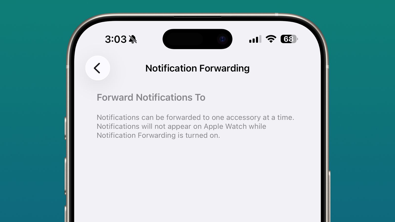 Mula sa PhoneIslam: Ipinapakita ng screen ng smartphone ang mga setting na "Pagpapasa ng notification", na nag-aalok ng mga opsyon para magpasa ng mga notification sa isang accessory sa bawat pagkakataon - itinampok sa balitang pang-teknolohiya ngayong linggo: Linggo 12-18 ng Disyembre.