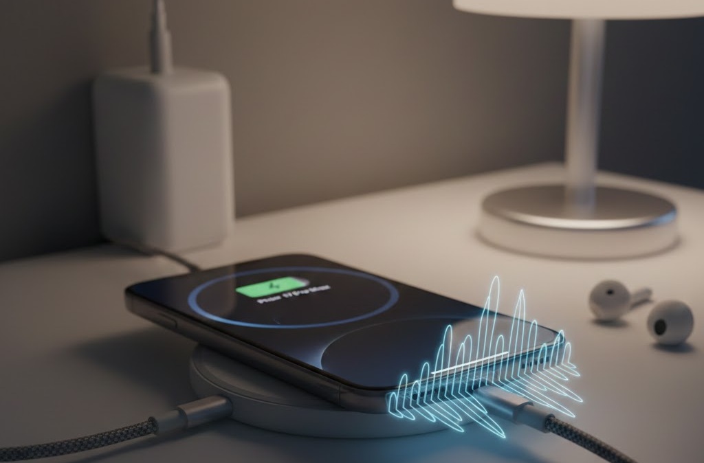 من موقع فون إسلام: الهاتف الذكي، مثل الهاتف الذكي آي برو 17، يشحن لاسلكيًا على لوحة مع أيقونة بطارية متوهجة معروضة على الشاشة، ويوجد بجوار مصباح وسماعات أذن لاسلكية مثالية للحصول على طاقة غير منقطعة دون مشاكل في الشحن.