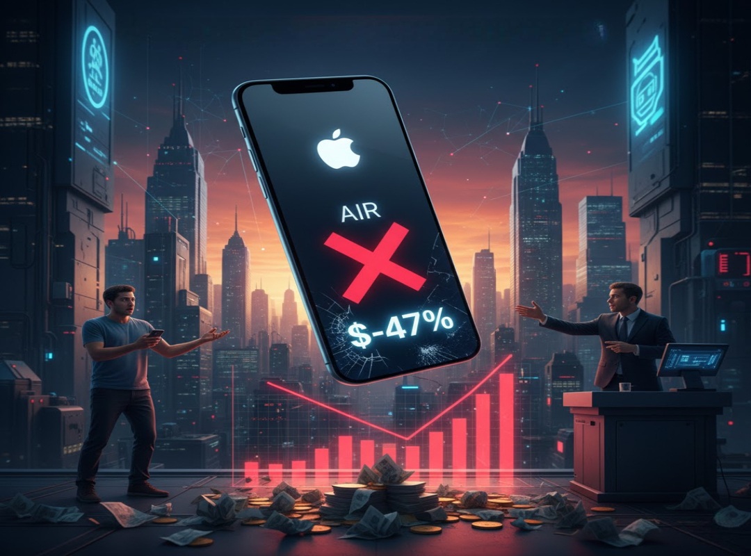 من موقع فون إسلام: يظهر جهاز آي-فون إير عائم بشاشة متصدعة ورمز -47% بين رجلين في مكتب مستقبلي في المدينة، ويبرز هذا الجهاز الذي يرمز إلى الانخفاض الحاد في أسهم التكنولوجيا.