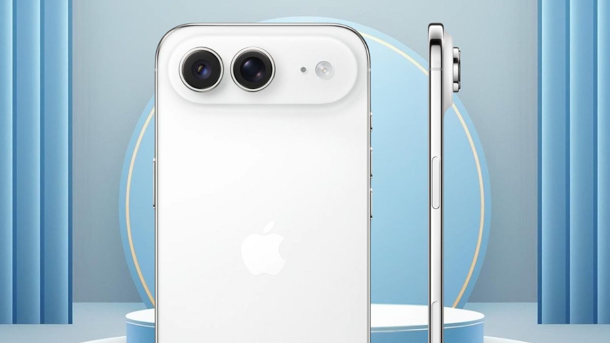 من موقع فون إسلام: يتم عرض هاتف "أير" أبيض اللون مزود بكاميرتين خلفيتين وشعار Apple، ويظهر على خلفية زرقاء ذات أشكال منحنية.