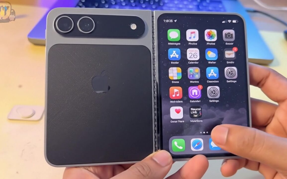 من موقع فون إسلام: يد تحمل يداً مفتوحة للطيالتي تشبه هاتف آبل 2026، وتعرض الشاشة الرئيسية مع أيقونات التطبيقات ومفصلة مرئية في الوسط.