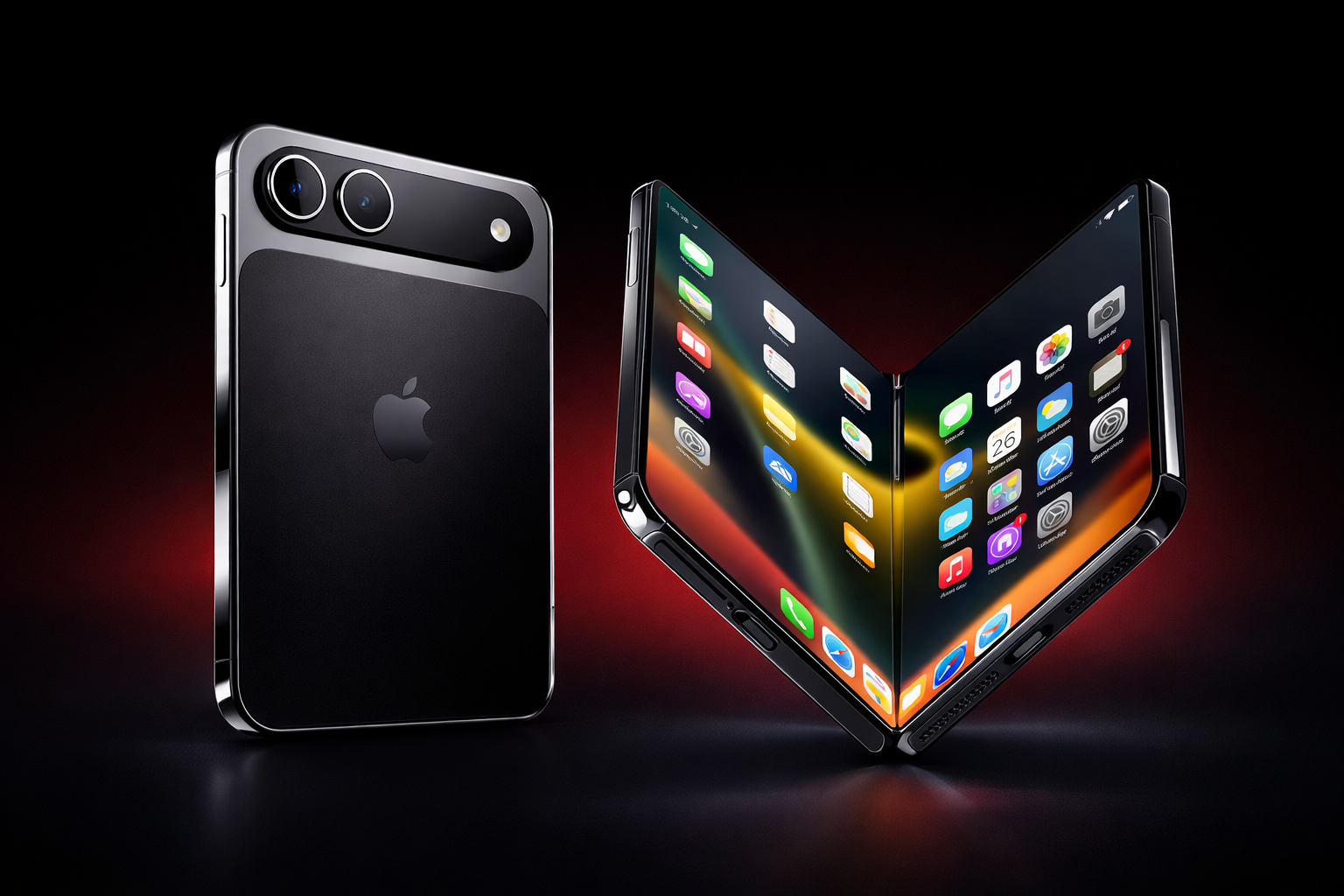 من موقع فون إسلام: يظهر هاتفان ذكيان باللون الأسود من طراز آي آي قابل للطي للطي؛ أحدهما مطوي من المنتصف يعرض أيقونات التطبيقات، بينما يكشف الآخر عن الجزء الخلفي المزود بكاميرات مزدوجة، ملمحًا إلى ابتكار آبل 2026.