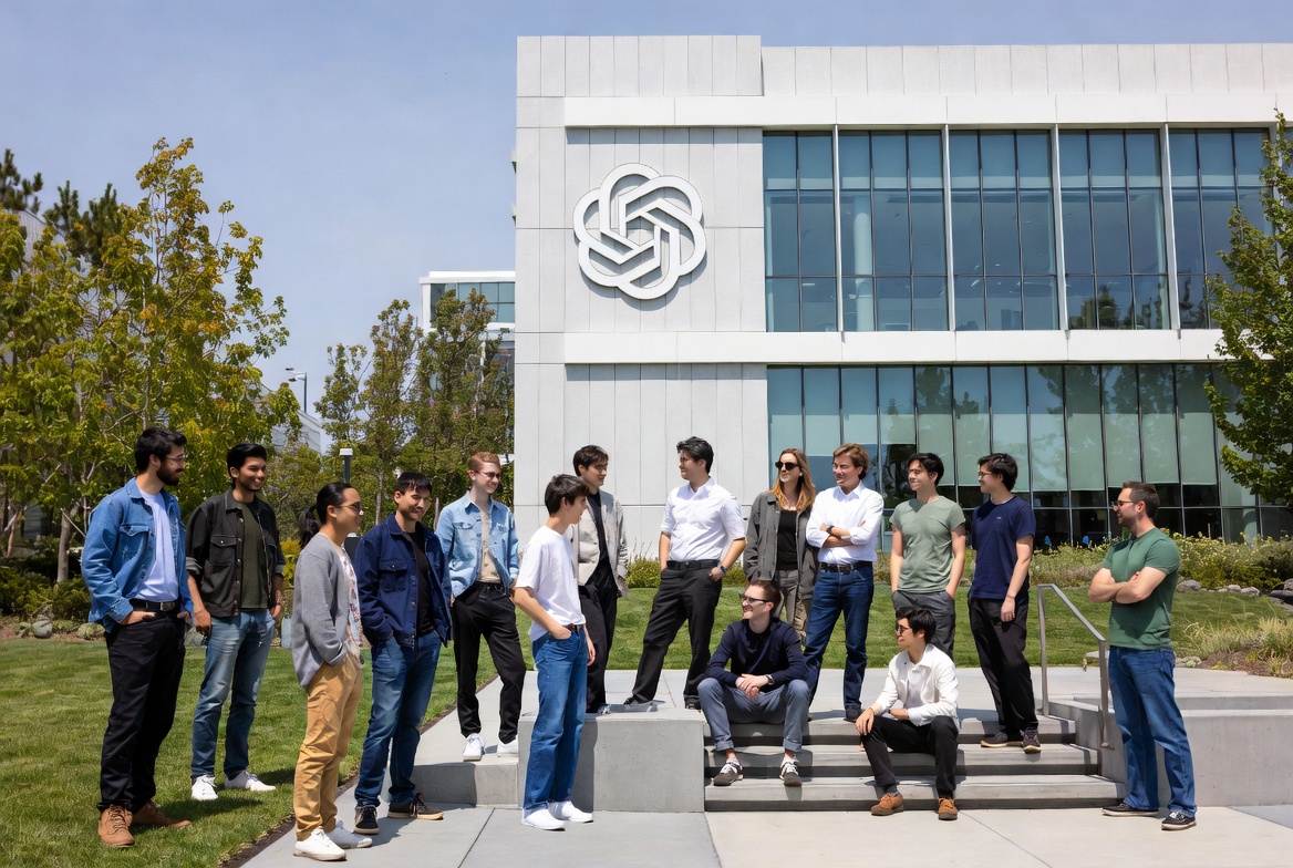 من موقع فون إسلام: مجموعة من الأشخاص يقفون ويجلسون خارج مبنى حديث به نوافذ كبيرة وشعار OpenAI على الواجهة.