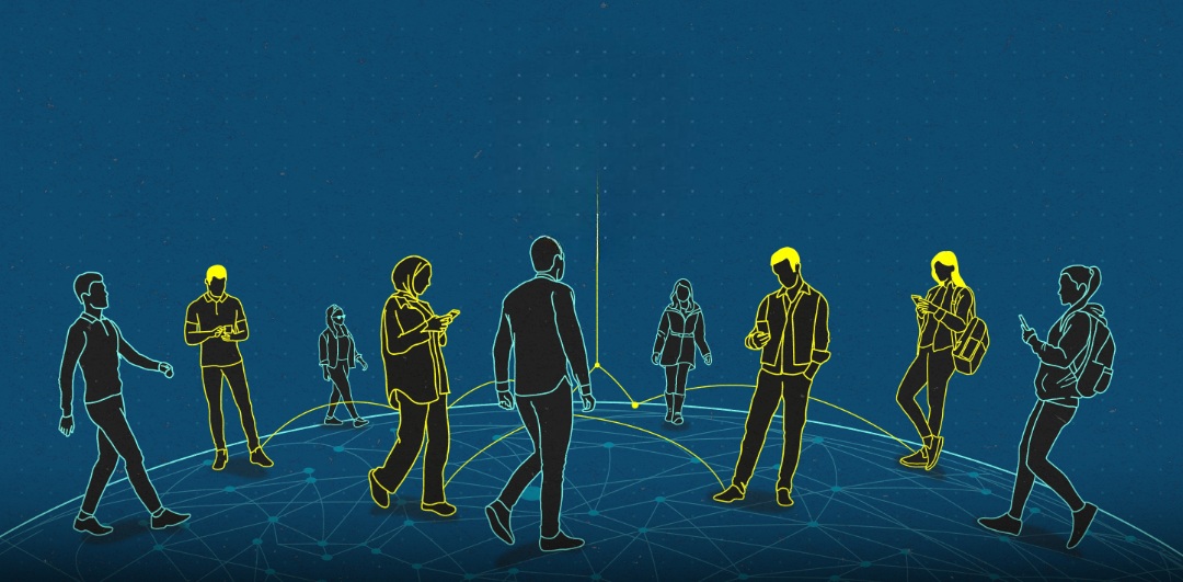 Van de PhoneIslam-website: Een illustratie van mensen die lopen en elektronische apparaten gebruiken, omlijnd in blauw en geel, staand op een wereldbol in een rasterpatroon, waarbij Egypte en Saoedi-Arabië zijn gemarkeerd op een blauwe achtergrond.