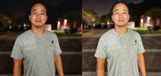 من موقع فون إسلام: صورتان متشابهتان لرجل يرتدي قميصاً رمادي اللون يقف في الخارج ليلاً، مع مبانٍ وأضواء غير واضحة في الخلفية، مستعرضة مستعرضة ميزة البوريتة والإضاءة الليلية على آي-فون 17 برو.