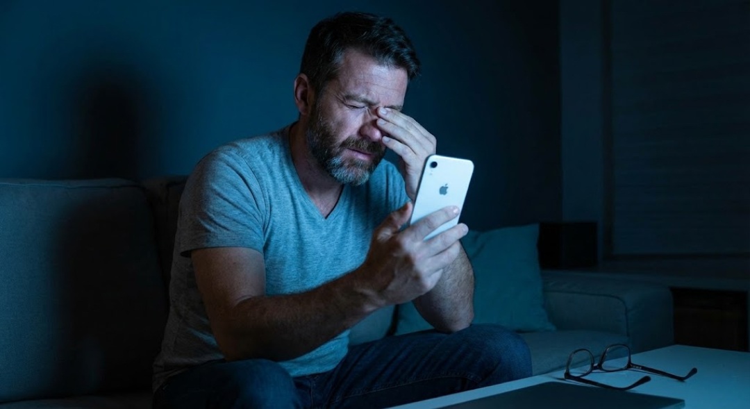 Fra nettstedet PhoneIslam: En mann som sitter i en sofa om kvelden, ser stresset ut og viser tegn til utmattelse, holder en smarttelefon i den ene hånden og gnir seg i øynene med den andre; det er briller på bordet i nærheten av ham.