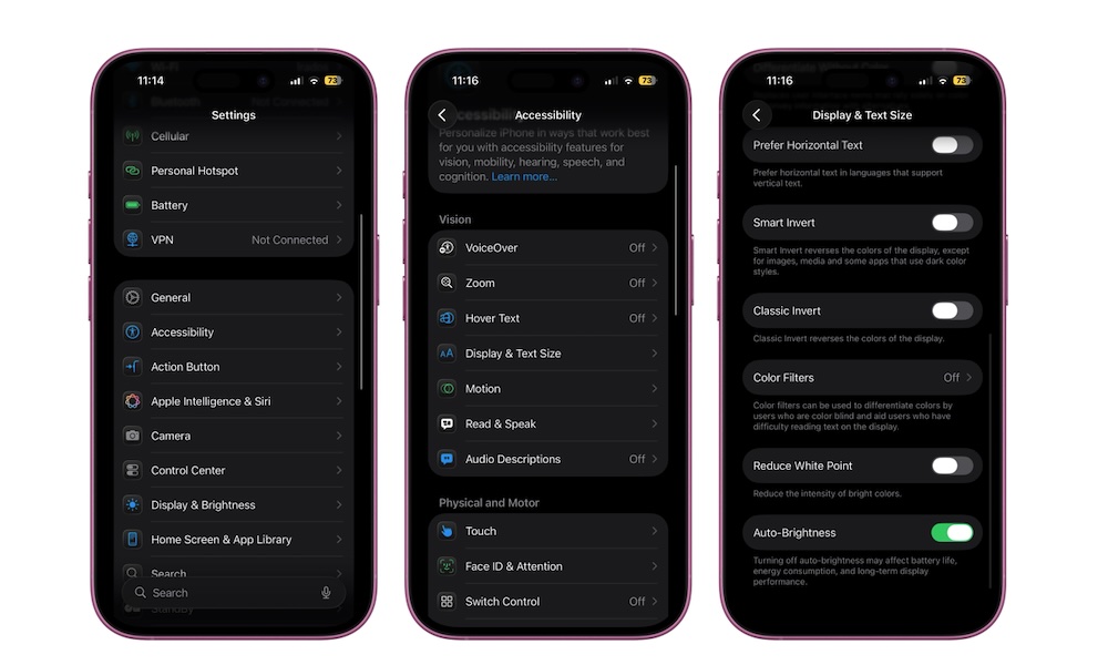 Fra PhoneIslam: Tre iPhone-skjermer viser prosessen med å navigere fra Innstillinger til Tilgjengelighet, deretter til Visningsalternativer og Tekststørrelse – noe som gjør det enkelt å justere innstillinger som bidrar til å opprettholde skjermtilgjengeligheten.