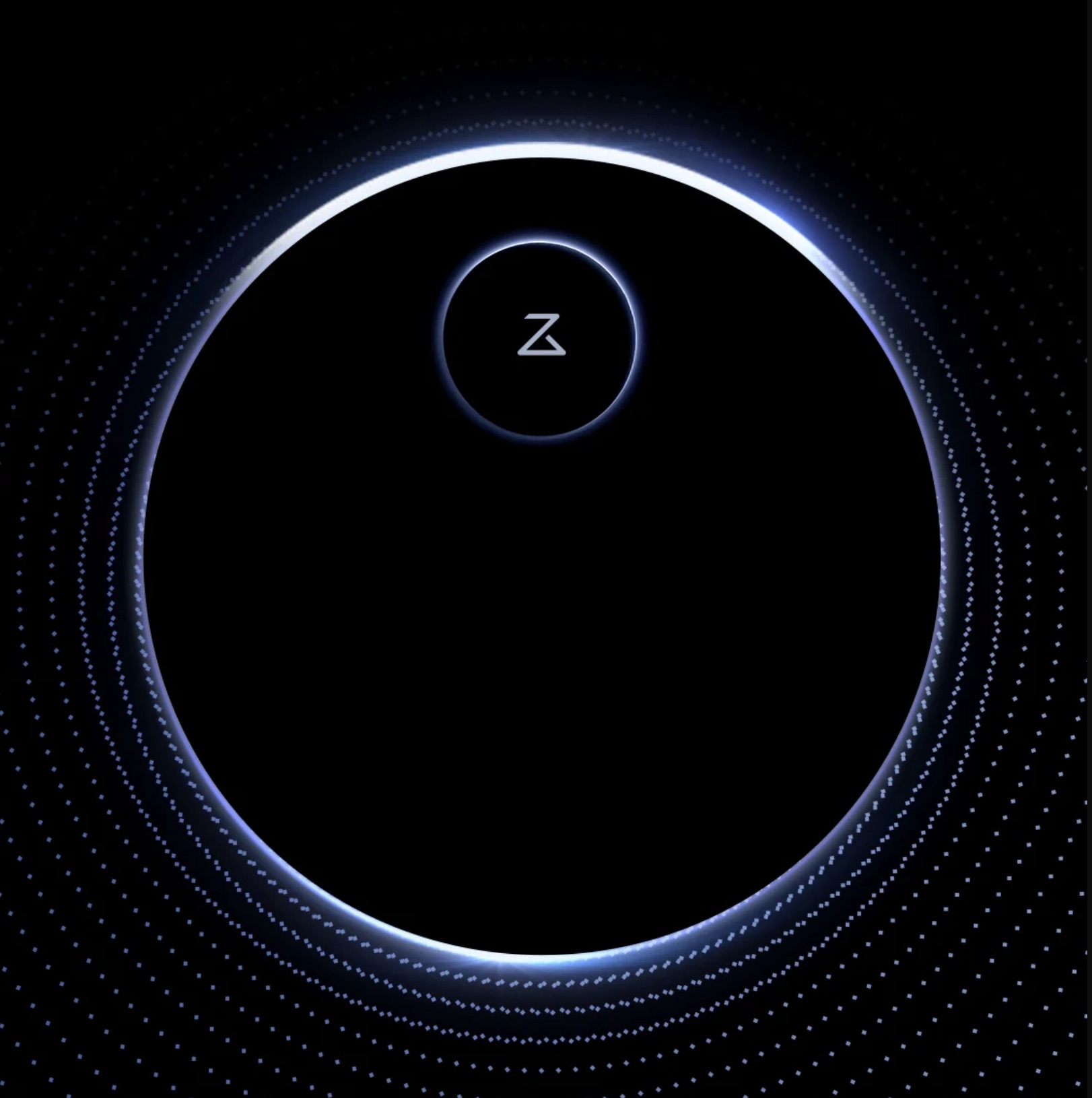 من موقع فون إسلام: دائرة سوداء كبيرة مع مخطط أزرق متوهج ودائرة أصغر في الداخل تعرض حرف "Z" منمق في المنتصف، محاطة بحلقات منقطة متحدة المركز على خلفية سوداء - مثالية لهدايا رأس السنة النبوية.