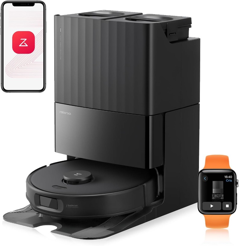 من موقع فون إسلام: يتم عرض مكنسة روبوت سوداء مع محطة الإرساء الخاصة بها إلى جانب هاتف ذكي وساعة ذكية تعرض واجهات تطبيقات متوافقة-مثالي كأحد هدايا رأس السنة لمحبي النظافة.