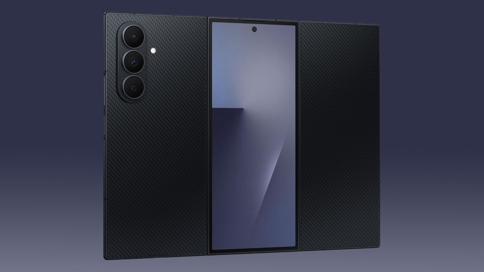 من موقع فون إسلام: هاتف ذكي عصري أسود اللون مزود بثلاث كاميرات خلفية, ويتميز بشاشة عرض مركزية كبيرة ولوحة خلفية مزخرفة على خلفية متدرجة داكنة - مثالية لمتابعة أخبار التقنية وملخص الأسبوع خلال نوفمبر ديسمبر ديسمبر.