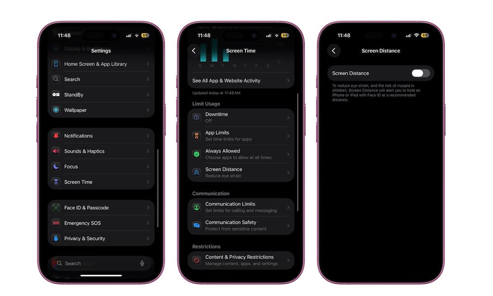 Fra PhoneIslam: iPhone 3 viser innstillingsmenyene «Skjermtid» og «Skjermavstand» i mørk modus, med alternativer for å begrense bruken, beskytte øynene dine og administrere enheten.