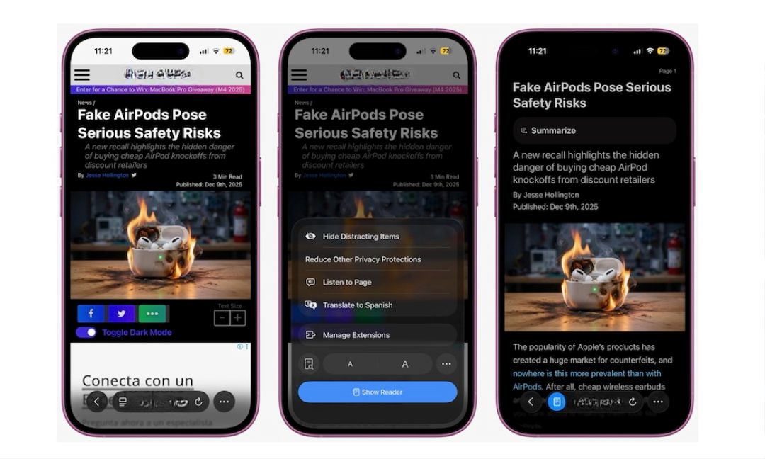 Fra PhoneIslam: Tre smarttelefoner viser en nyhetsartikkel med tittelen «Fake AirPods pose serious safety risks», som viser frem ulike tilgjengelighets- og oversettelsesfunksjoner på skjermen, og fremhever måter å beskytte øynene og redusere øyebelastning forårsaket av iPhone.