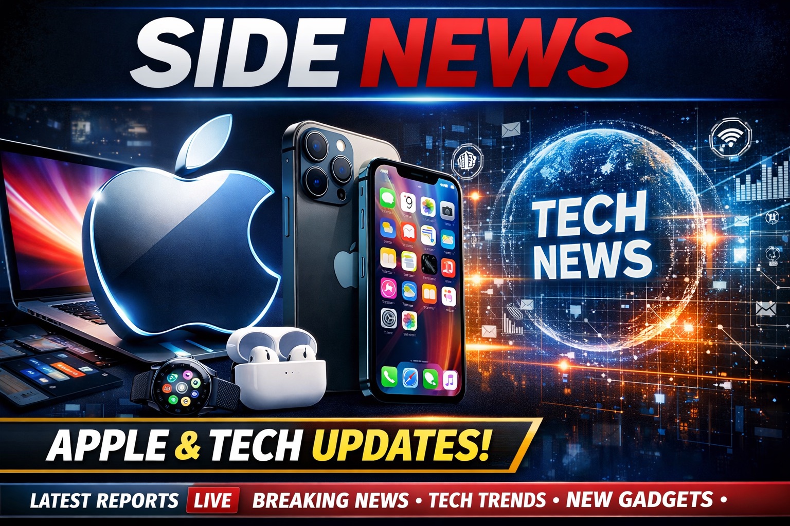 من موقع فون إسلام: يعرض رسم توضيحي للأخبار التقنية منتجات Apple، بما في ذلك جهاز iPhone يعمل بنظام iOS 26.3 وسماعات AirPods وساعة يد وحاسوب محمول، إلى جانب نص "أخبار التكنولوجيا" وعناوين أخبار مختلفة.