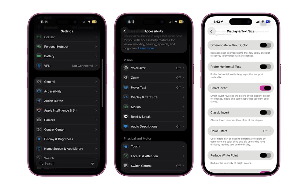 Fra PhoneIslam: Tre smarttelefonskjermer viser menyer for tilgjengelighet og batteriinnstillinger, med fokus på skjerm, tekststørrelse og synsjusteringer i mørk modus-grensesnittet for å illustrere måter å beskytte øynene og redusere belastning forårsaket av iPhone.
