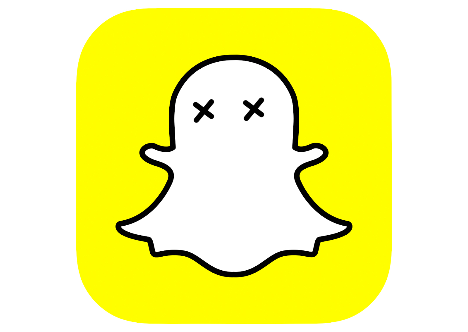 من موقع فون إسلام: أيقونة شبحية بيضاء مع علامات X للعيون محددة باللون الأسود، تتوسطها خلفية مربعة صفراء بزوايا مستديرة، مثالية للإرشاد حول نقل الصور سناب شات أو تعزيز مكتبة صور الآيفون.