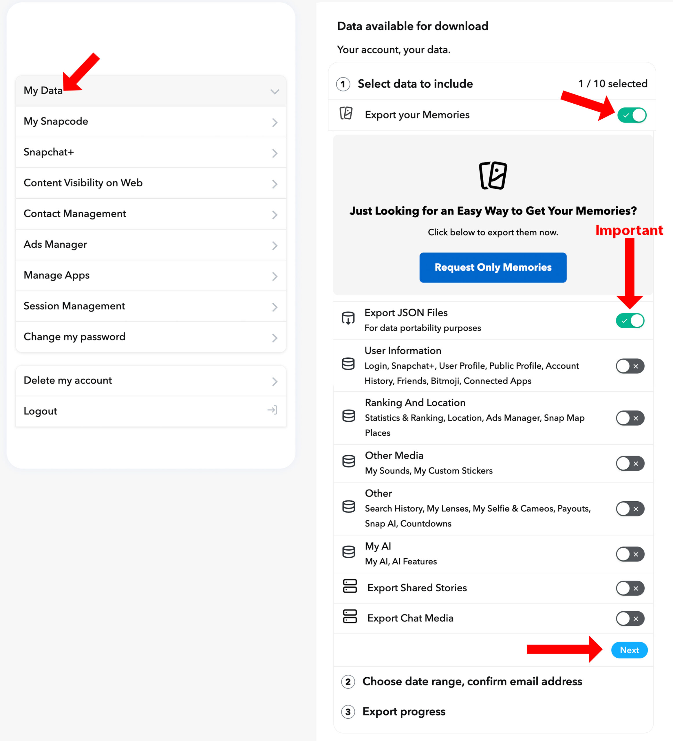 من موقع فون إسلام: لقطة شاشة لصفحة تنزيل بيانات سناب شات مع خيارات لتحديد أنواع البيانات، وتصدير الذكريات، والانتقال إلى الخطوة التالية - وهي مثالية لنقل الصور سناب شات أو حفظها في مكتبة صور الآيفون. تبرز الأسهم الحمراء وعلامة "هام" الخطوات الرئيسية.