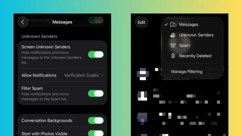 Volgens PhoneIslam: Op twee smartphoneschermen worden iMessage-instellingen weergegeven in iOS 26: op het ene scherm staan filteropties, terwijl op het andere een uitklapmenu verschijnt met categorieën zoals 'Onbekende afzenders' en 'Spammarkering' in iOS 26.