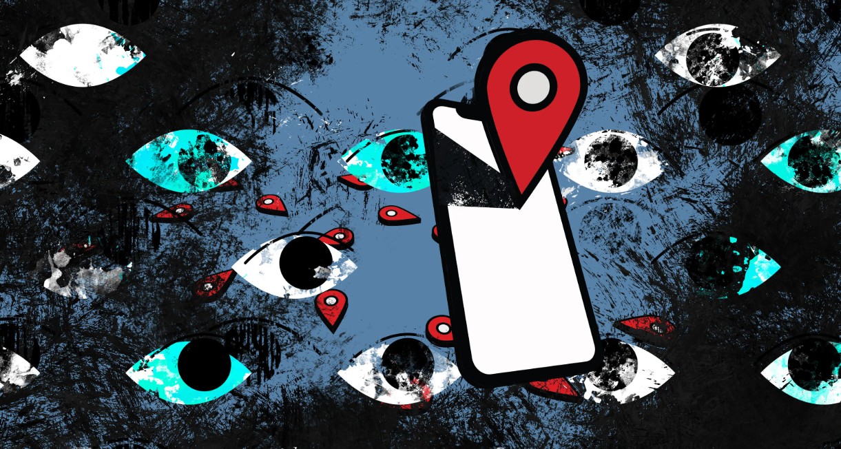 Van PhoneIslam: Een illustratie van een smartphone met een locatiepin-icoon omringd door gestileerde ogen, die doen denken aan digitale surveillance en tracking in gebieden zoals Egypte, Saoedi-Arabië of Saoedi-Arabië.