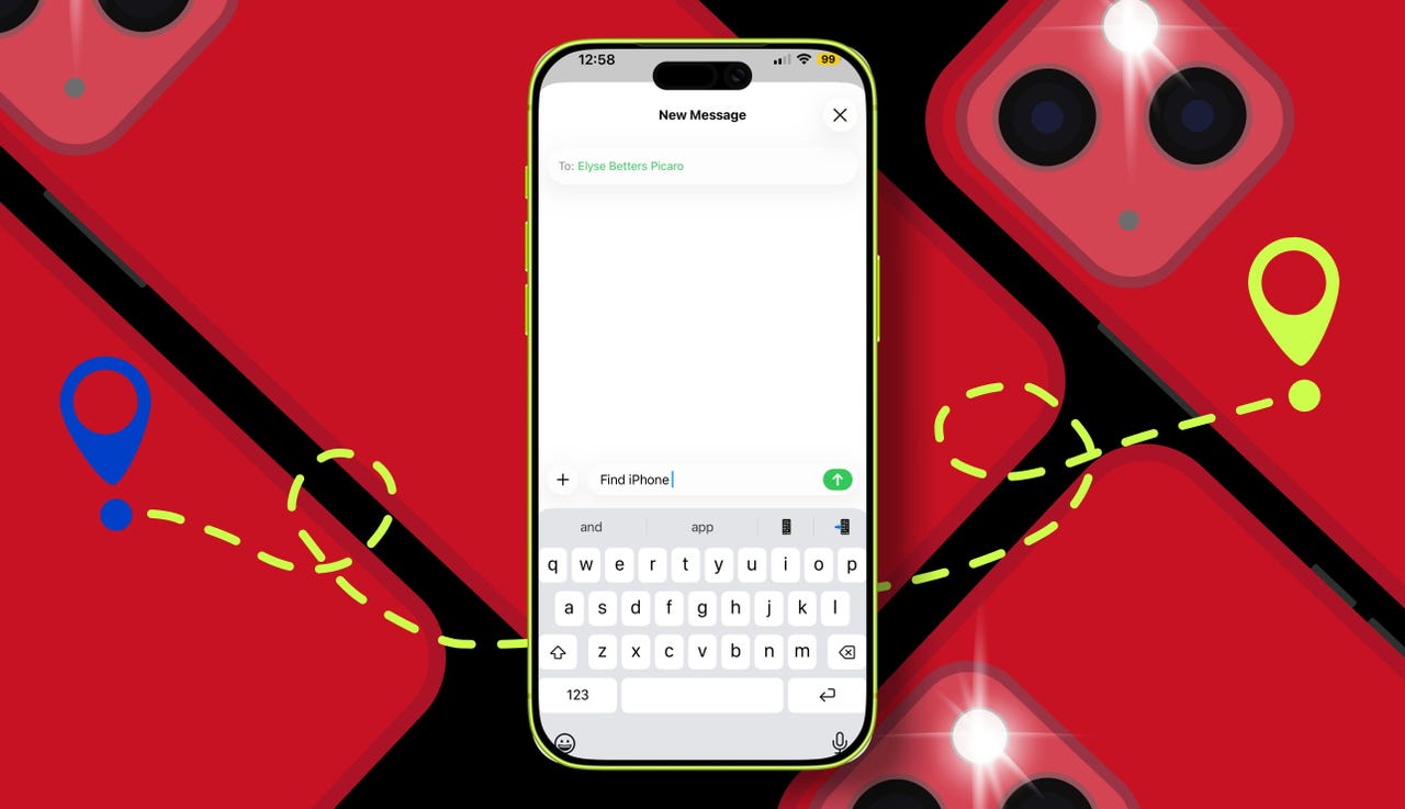 من موقع فون إسلام: يعرض الهاتف الذكي رسالة نصية تتم كتابتها، مكتوب عليها "Find iPhone"، مع وجود أيقونات موقع باللونين الأزرق والأخضر وهواتف ذكية حمراء في الخلفية، مما يشير إلى خدعة خفية لـ العثور على هاتفك.