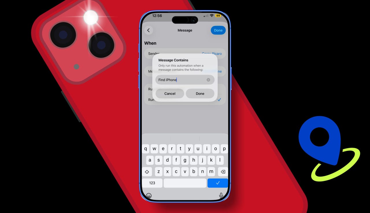 من موقع فون إسلام: تعرض شاشة الهاتف الذكي حقل إدخال نصي لإعداد الأتمتة مع عبارة "Find iPhone"; في الخلف تظهر أيقونة تظهر أيقونة العثور على هاتفك ودبوس موقع خفية بجوار خافية باستخدام كاميرا الآي-فون.