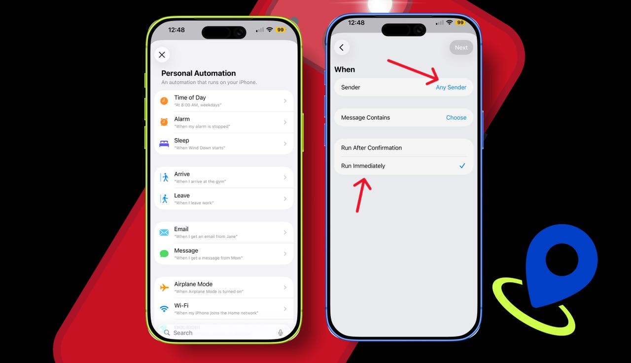 من موقع فون إسلام: هاتفان ذكيان يعرضان إعدادات التشغيل الآلي لـ iPhone، مع أسهم حمراء تبرز الخيارات - بما في ذلك خدعة خفية - لتحديد مرسل أو تشغيل التشغيل الآلي على الفور, مثالية للعثور على أو تشغيل كاميرا الآي فون عند الحاجة.
