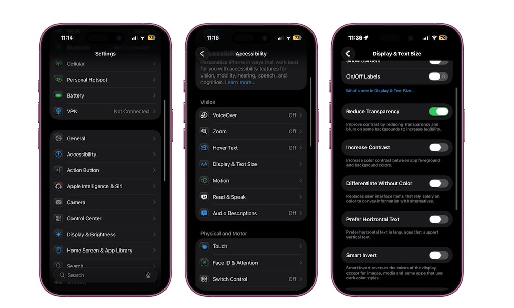 Fra PhoneIslam: Tre smarttelefonskjermer viser tilgjengelighetsinnstillinger, med fokus på syn, skjerm og tekststørrelsesalternativer, inkludert funksjoner som VoiceOver og kontrastjusteringer – som bidrar til å beskytte øynene og redusere belastningen fra iPhone.