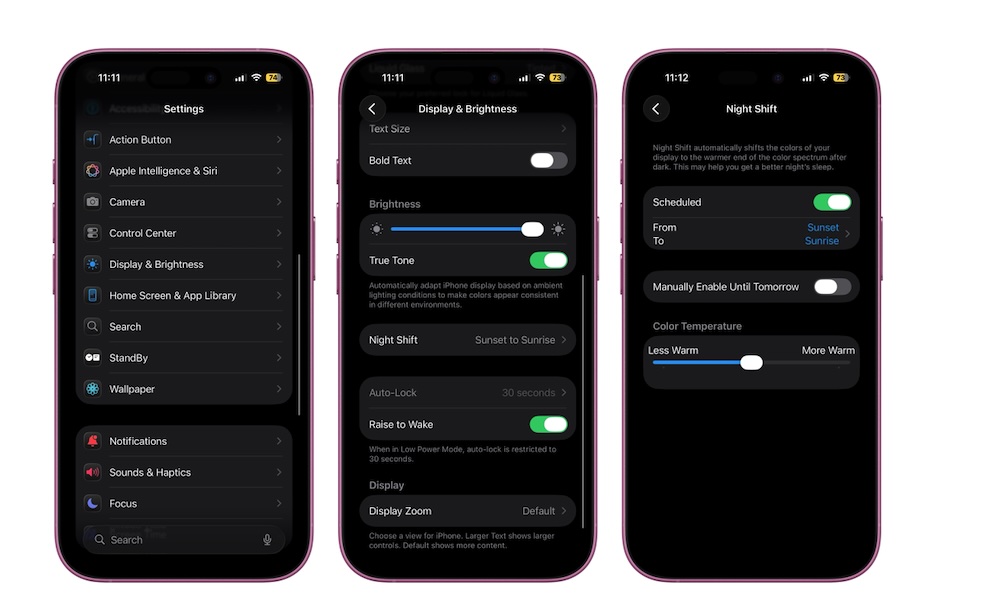 Fra PhoneIslam: Tre iPhone-skjermer – Innstillinger-appen: Hovedmeny, skjerm- og lysstyrkealternativer og Night Shift-innstillinger med planlegging og fargetemperaturkontroller for å beskytte øynene og redusere visuell belastning.