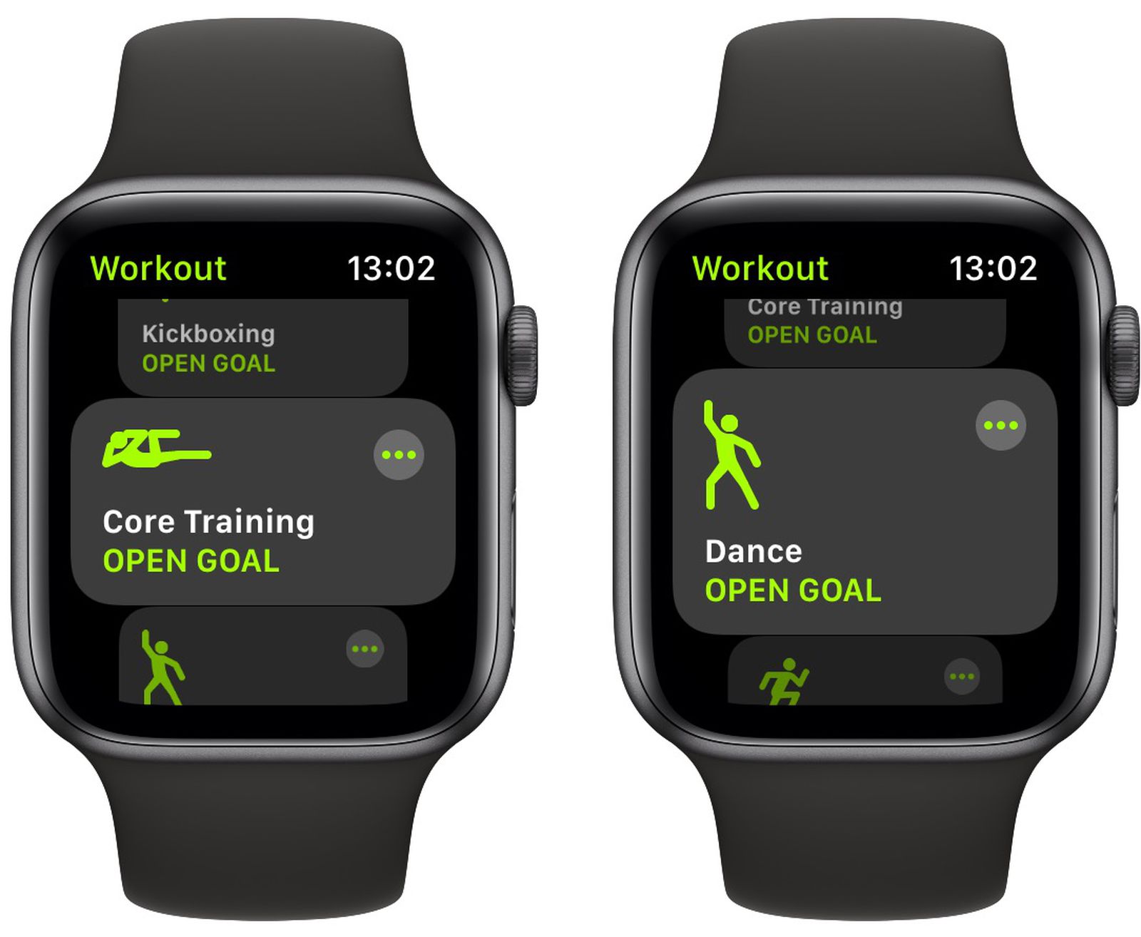 من موقع فون إسلام: ساعتان من ساعات Apple تعرضان تطبيق Workout مع خيارات "Kickboxing" و"Core Training" و"الرقص", يعرض كل منها "OPEN GOAL" بنص أخضر، ليست مستخدمي مستخدمي أبل مزايا التمارين الجديدة بعد تحديث watchOS 26.