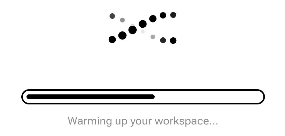 من موقع فون إسلام: شاشة تحميل للتطبيق الخاص بك مع نقاط متحركة فوق شريط التقدم والنص "إحماء مساحة العمل الخاصة بك..." أسفلها، مدعوم من YouWare.