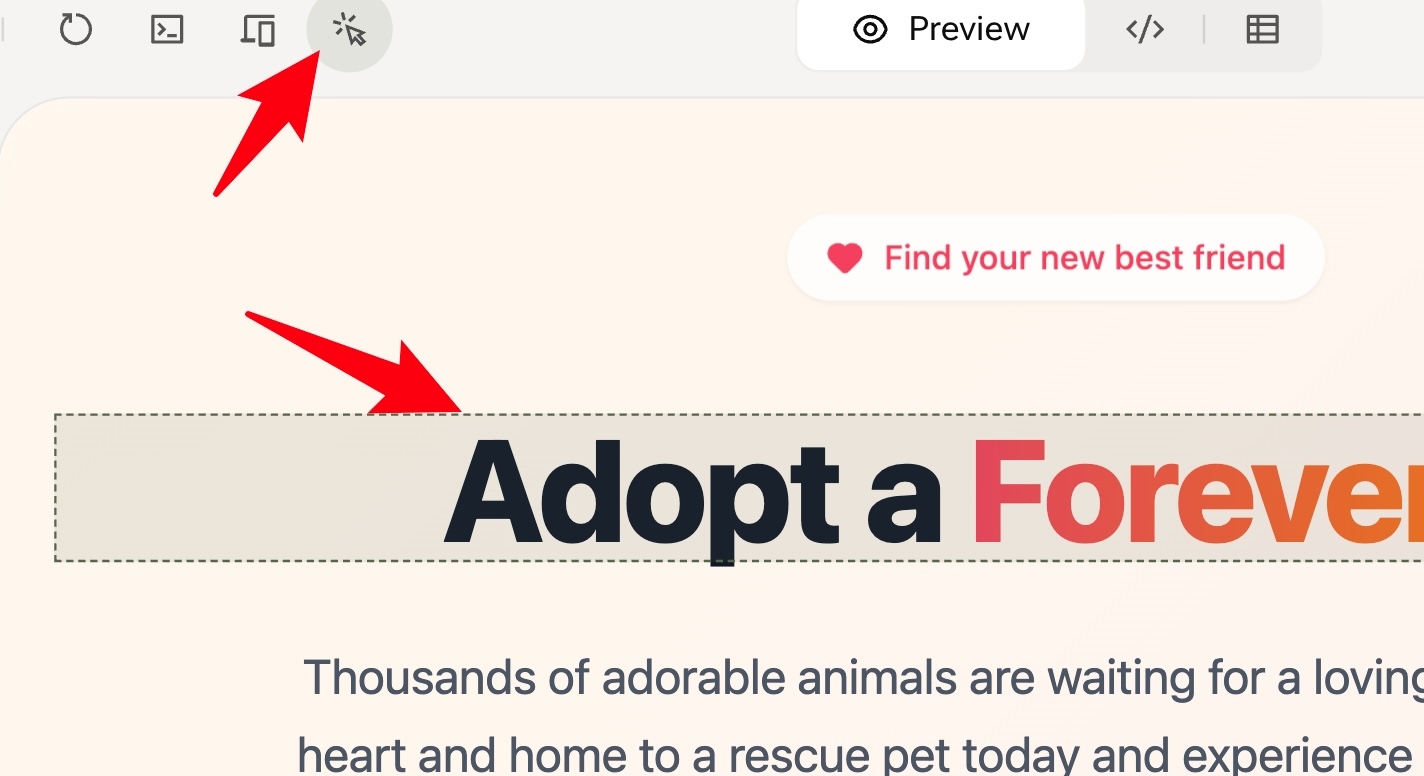 من موقع فون إسلام: لقطة شاشة لمحرر موقع الويب في تطبيق YouWare، مع أسهم حمراء تشير إلى زر شريط الأدوات ومنطقة نصية مظللة مكتوب عليها "تبنّى إلى الأبد.