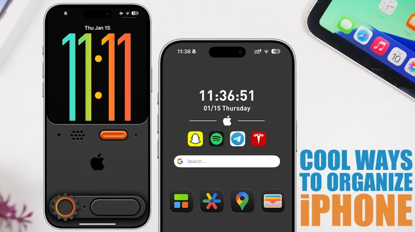 من موقع فون إسلام: يعرض جهازا iPhone شاشات رئيسية مخصصة مع ساعات رقمية كبيرة وأيقونات تطبيقات منظمة، تعرض طرقاً رائعة لتنظيم iPhone باستخدام حيل iOS للحصول على مظهر أنيق.