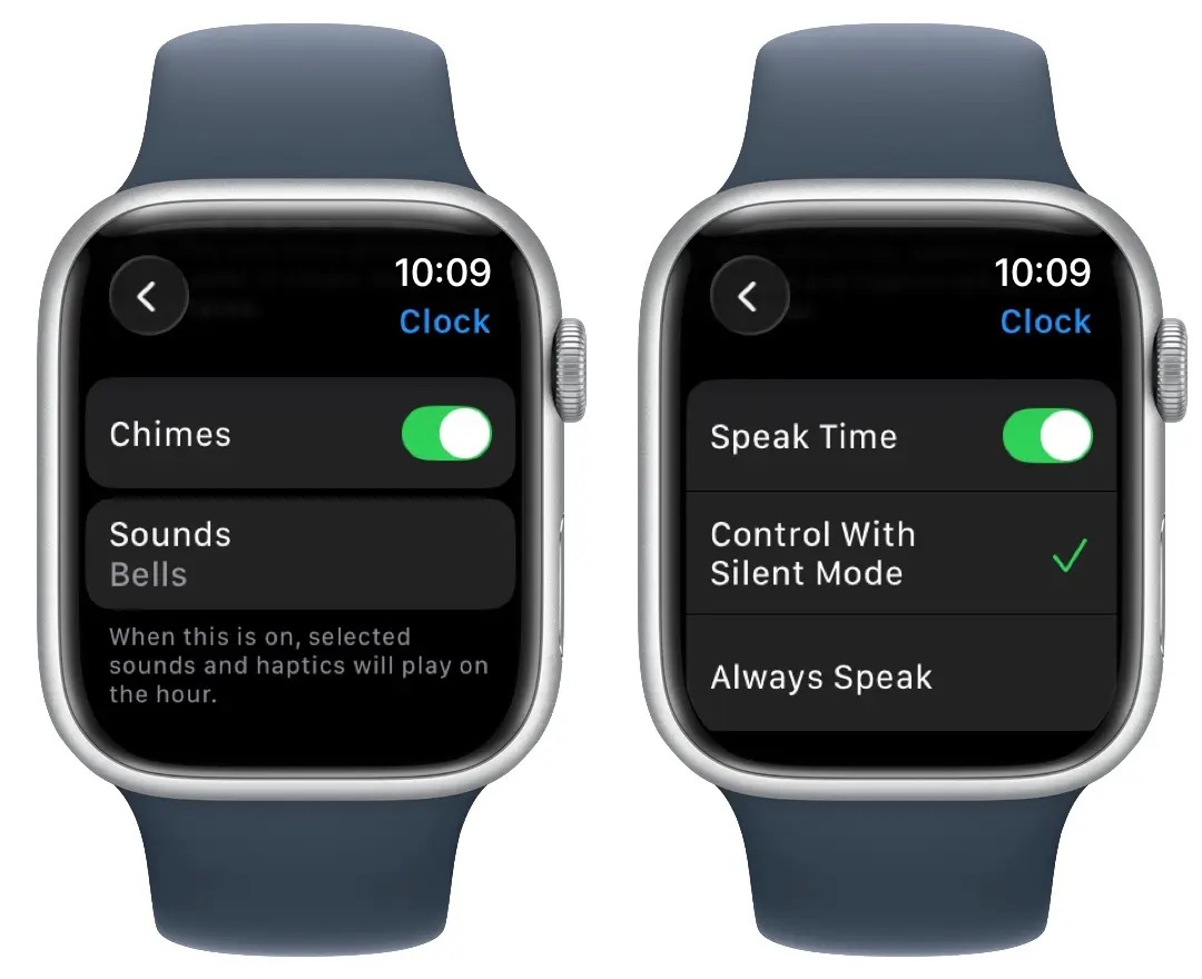 من موقع فون إسلام: ساعتا أبلان تظهران إعدادات الساعة اليسرى توضح خيارات التنبيهات والأصوات، واليمنى تعرض تعرض تعرضات "نطق الوقت" مع تفعيل "التحكم بوضع الصامتة" -حيلة ذكية تساعدك على الالتزام بالمواعيد بدقة في كل الأوقات.