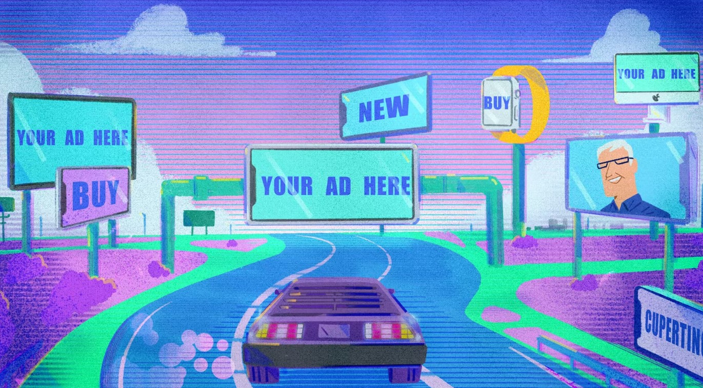 من موقع فون إسلام: تسير سيارة في طريق نيون مستقبلي عتيق تصطف على جانبيه لوحات إعلانية رقمية تعرض إعلانات وعبارات "إعلانك هنا"، مع صورة رجل على إحدى اللافتات، مما يخلق مشهداً غامرًا يحاكي ابتكار آبل الجريء.