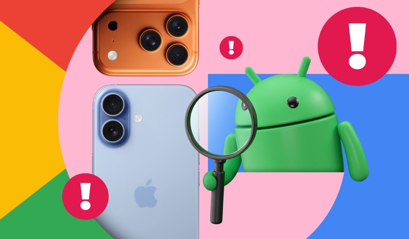 من موقع فون إسلام: رسم توضيحي لتميمة أندرويد مع عدسة مكبرة وهاتفين ذكيين يحملان شعارات آبل وأيقونات علامة تعجب على خلفية ملونة.