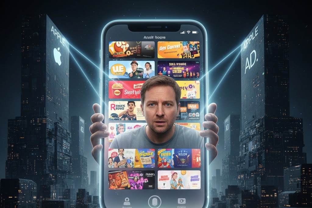 من موقع فون إسلام: رجل ينظر من خلال هاتف ذكي عملاق يعرض أيقونات تطبيقات مختلفة، بينما تعكس المباني الشاهقة المكتوب عليها "APPLE AD." وأضواء المدينة عالم الإعلانات و"آي باد" في الخلفية.