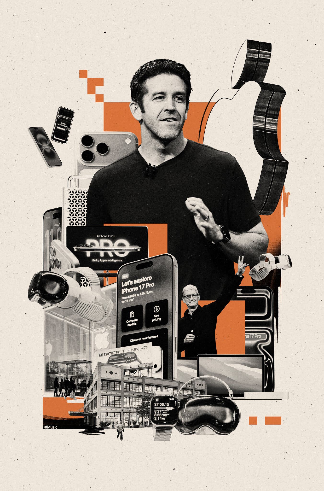 من موقع فون إسلام: رجل يتحدث على خشبة المسرح وسط أجهزة Apple المصورة - أجهزة iPhone و Apple Watch و AirPods, وسماعة Vision Pro - كجزء من أخبار أخبار التقنية خلال الأسبوع 9 - 15 يناير، مع وجود المزيد من المقدمين ومتجر Apple في الخلفية.