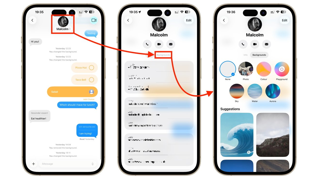 من موقع فون إسلام: تعرض ثلاثة أجهزة آيفون خطوات تغيير خلفيات المحادثات في iMessage: اضغط على الملف الشخصي للمستخدم، واختر "الخلفيات"، ثم اختر خلفية جديدة من الخيارات المقترحة على نظام iOS 26.