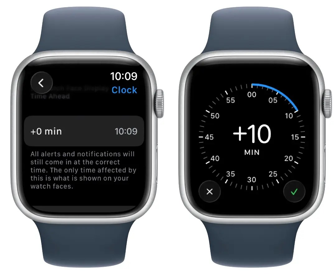 من موقع فون إسلام: اثنان ساعة تعرضان تعرضان إعدادات ضبط الوقت؛ الشاشة الشاشة اليسرى تظهر خيار "+0 دقيقة" واليمنى تعرض "+10 دقيقة" مع علامة اختيار، ما يساعدك على الالتزام بالمواعيد وتجنب التأخير.