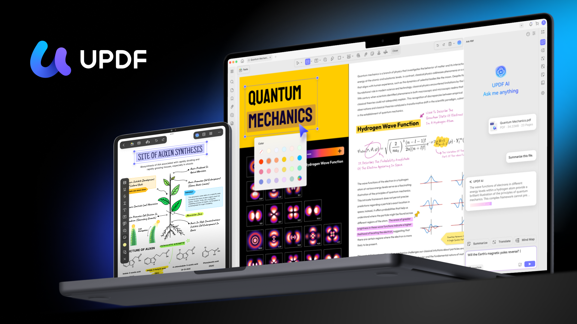 من موقع فون إسلام: جهاز لوحي وجهاز كمبيوتر محمول يعرضان مستندات PDF علمية مع شروح ومخططات وشريط جانبي للدردشة بالذكاء الاصطناعي؛ شعار برنامج UPDF يظهر على اليسار إشعار عن خصم حصري بمناسبة رمضان.