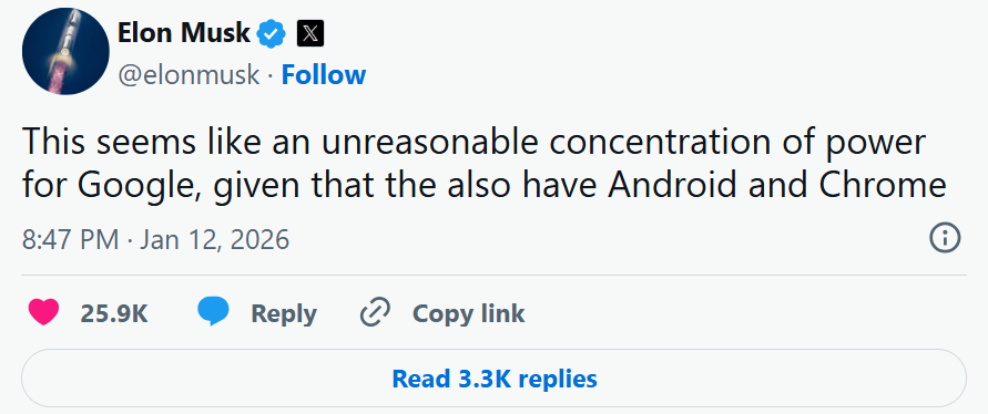 من موقع فون إسلام: تتصدر تغريدة من إيلون ماسك يعرب فيها عن قلقه بشأن تركيز قوة جوجل من خلال نظامي Android و Chrome أخبار التقنيات الحديثة، حيث حظيت بـ 25.9 ألف إعجاب و3.3 ألف رد.