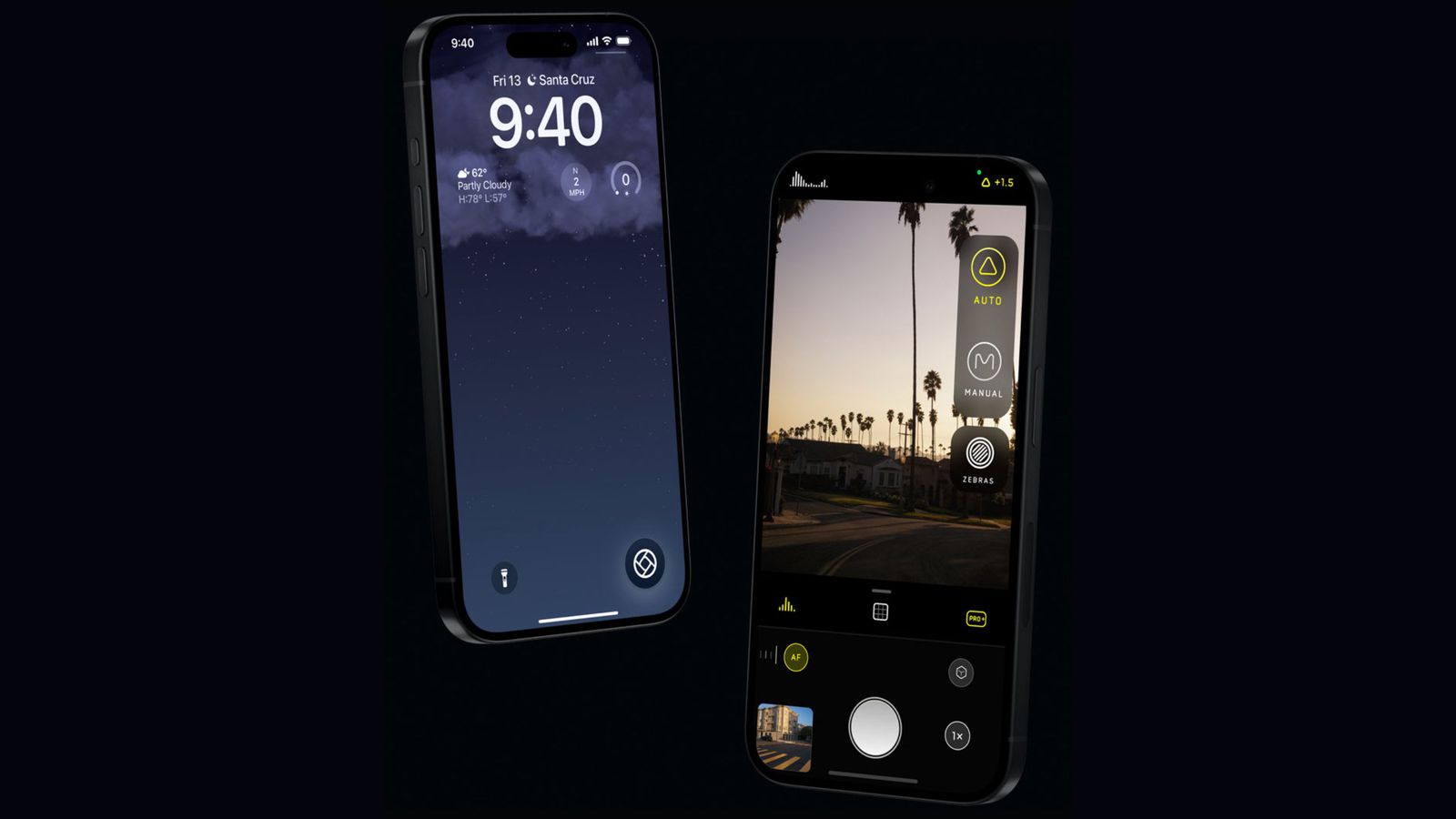 من موقع فون إسلام: يتم عرض هاتفين ذكيين؛ أحدهما يعرض شاشة قفل مع الوقت والطقس وآخر أخبار الأسبوع،، بينما يعرض الآخر تطبيق كاميرا يلتقط مشهد غروب الشمس.