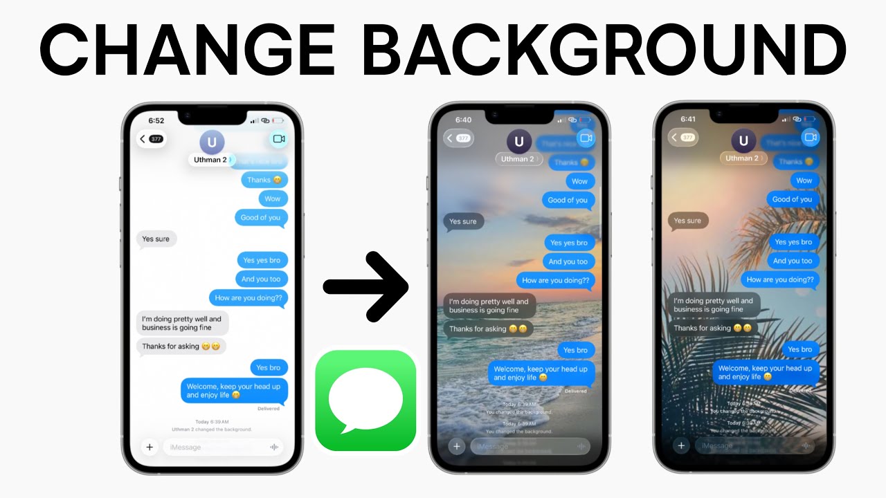 من موقع فون إسلام: تعرض ثلاثة هواتف ذكية المحادثات النصية في iMessage على نظام التشغيل iOS 26، وتظهر عملية تغيير خلفيات المحادثات من الأبيض العادي إلى صور مختلفة ذات مناظر خلابة.